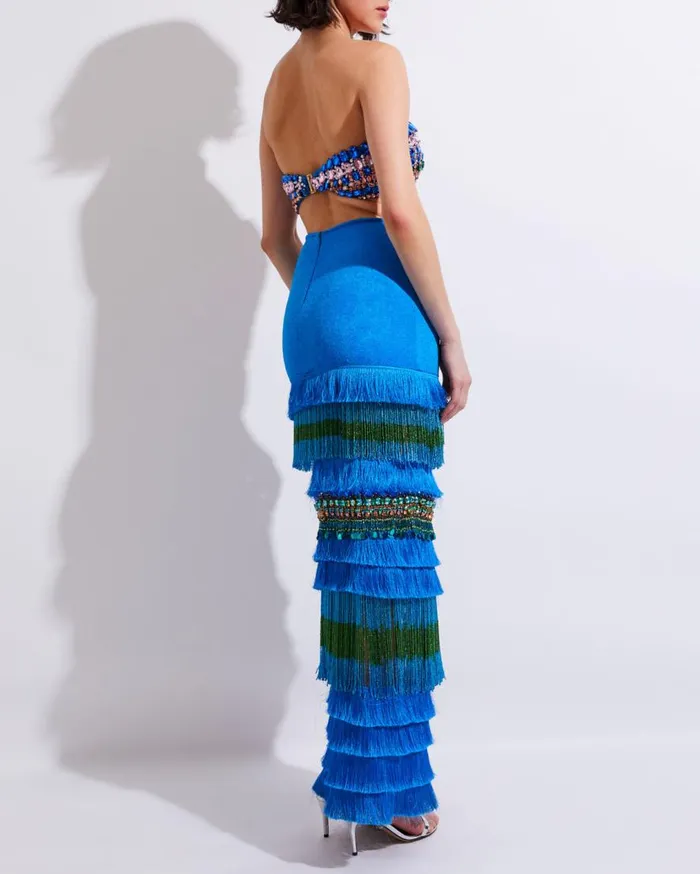 Women PatBO Matching Sets HANDBEADED FRINGE TRIM MAXI SKIRT FINAL SALE Blue Women PatBO Matching Sets HANDBEADED FRINGE TRIM MAXI SKIRT FINAL SALE Blue