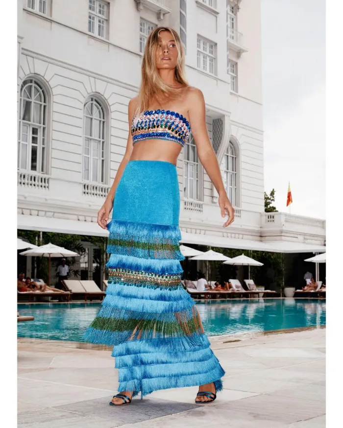 Women PatBO Matching Sets HANDBEADED FRINGE TRIM MAXI SKIRT FINAL SALE Blue Women PatBO Matching Sets HANDBEADED FRINGE TRIM MAXI SKIRT FINAL SALE Blue