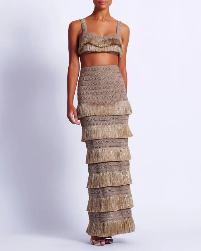 Women PatBO Matching Sets Metallic Fringe Maxi Skirt Gold