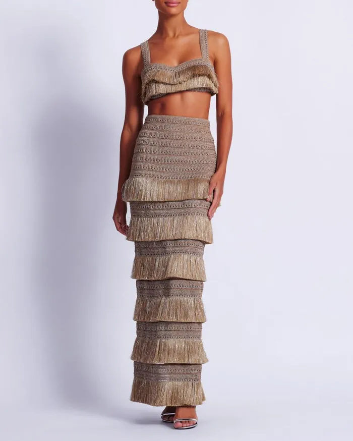 Women PatBO Matching Sets Metallic Fringe Maxi Skirt Gold Women PatBO Matching Sets Metallic Fringe Maxi Skirt Gold