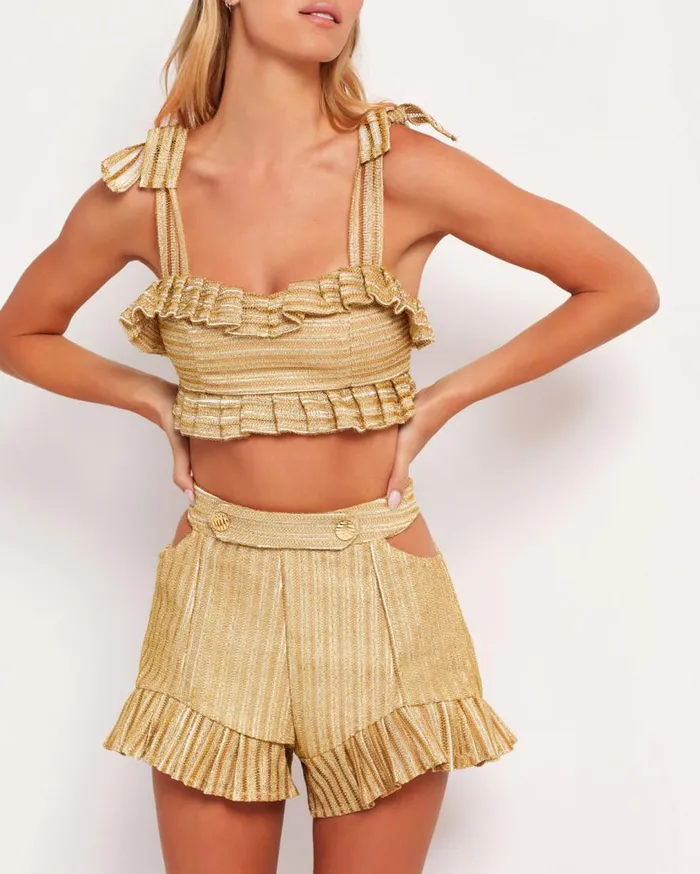 Women PatBO Matching Sets Metallic Stripe Cropped Top FINAL SALE Gold