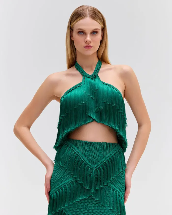 Women PatBO Tops and Bodysuits Fringe Halterneck Top EXCLUSIVE Jade