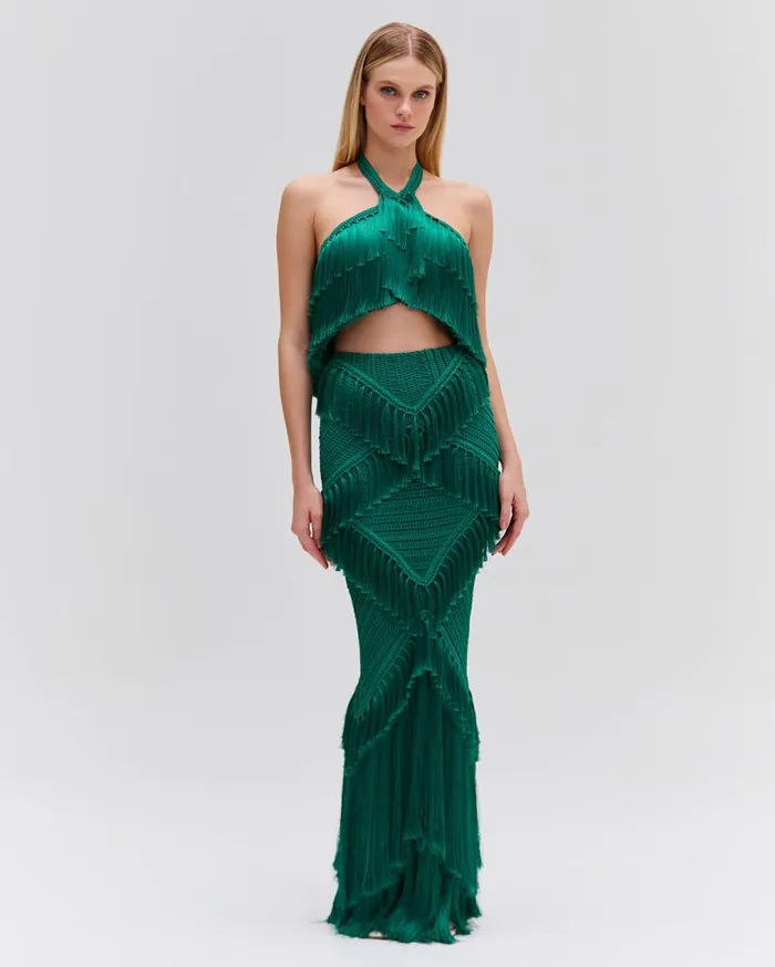 Women PatBO Tops and Bodysuits Fringe Halterneck Top EXCLUSIVE Jade