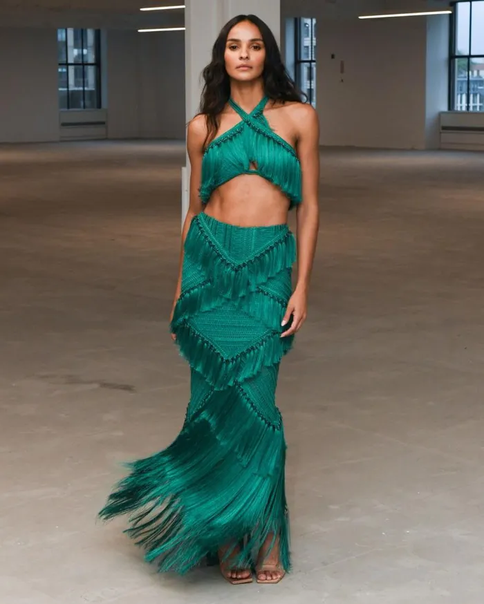 Women PatBO Tops and Bodysuits Fringe Halterneck Top EXCLUSIVE Jade