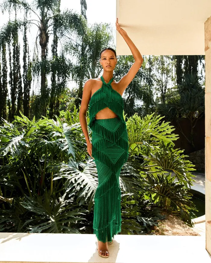 Women PatBO Tops and Bodysuits Fringe Halterneck Top EXCLUSIVE Jade