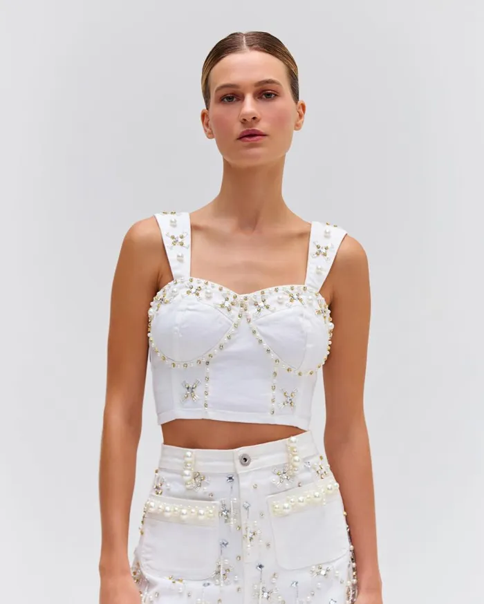 Women PatBO Tops and Bodysuits Handbeaded Denim Top White