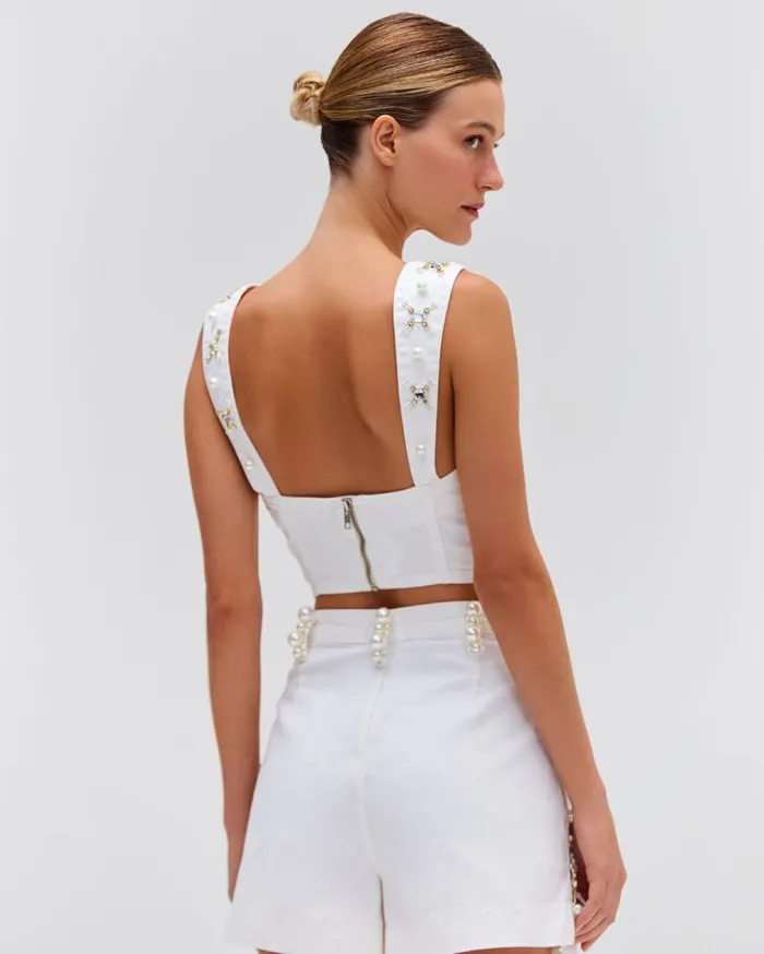 Women PatBO Tops and Bodysuits Handbeaded Denim Top White