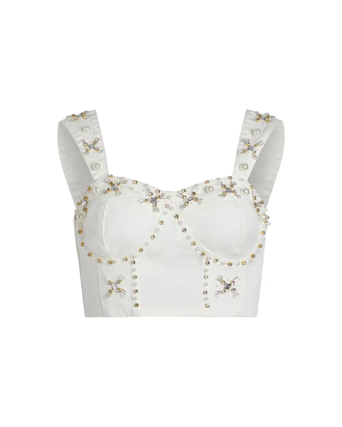 Women PatBO Tops and Bodysuits Handbeaded Denim Top White