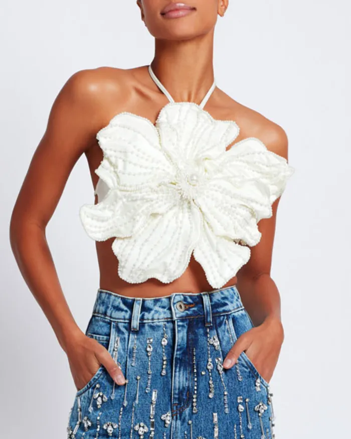 Women PatBO Tops and Bodysuits HANDBEADED FLOWER TOP White