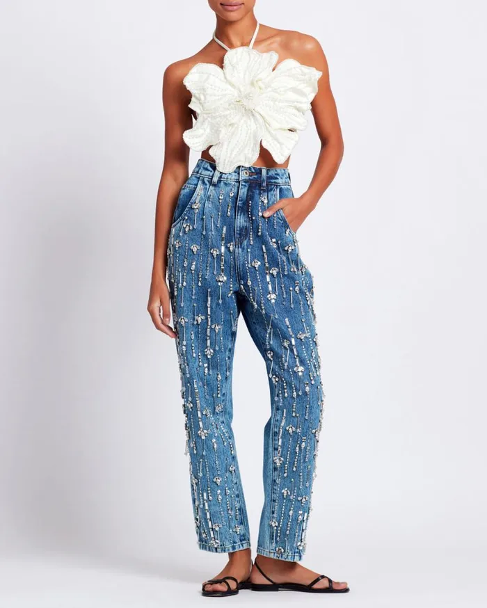 Women PatBO Tops and Bodysuits HANDBEADED FLOWER TOP White