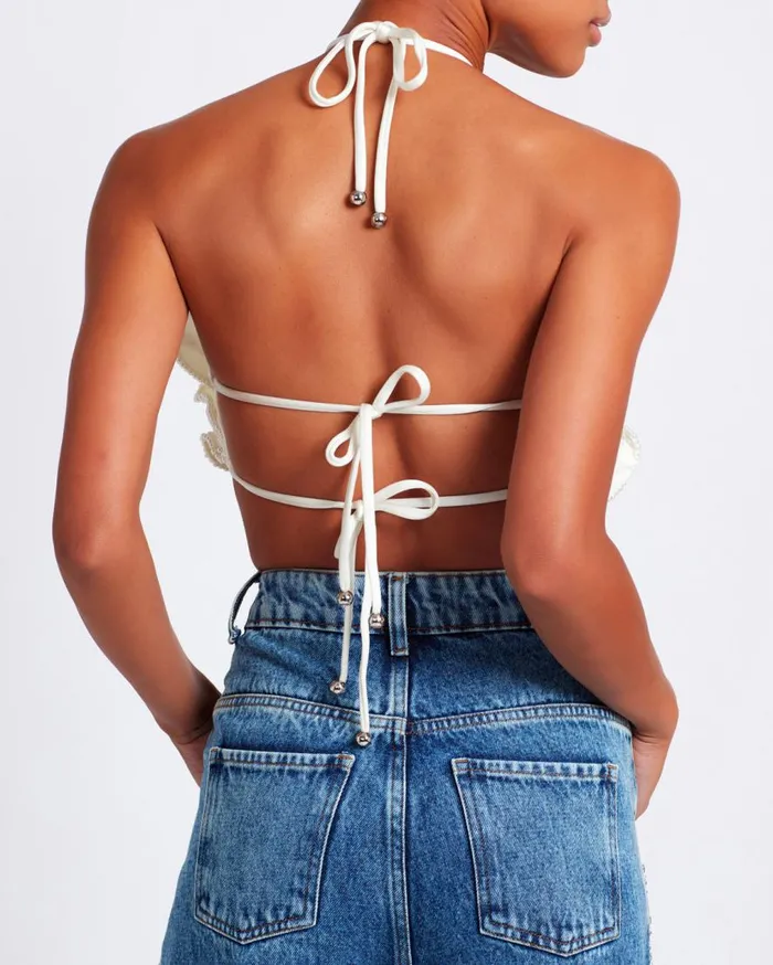 Women PatBO Tops and Bodysuits HANDBEADED FLOWER TOP White
