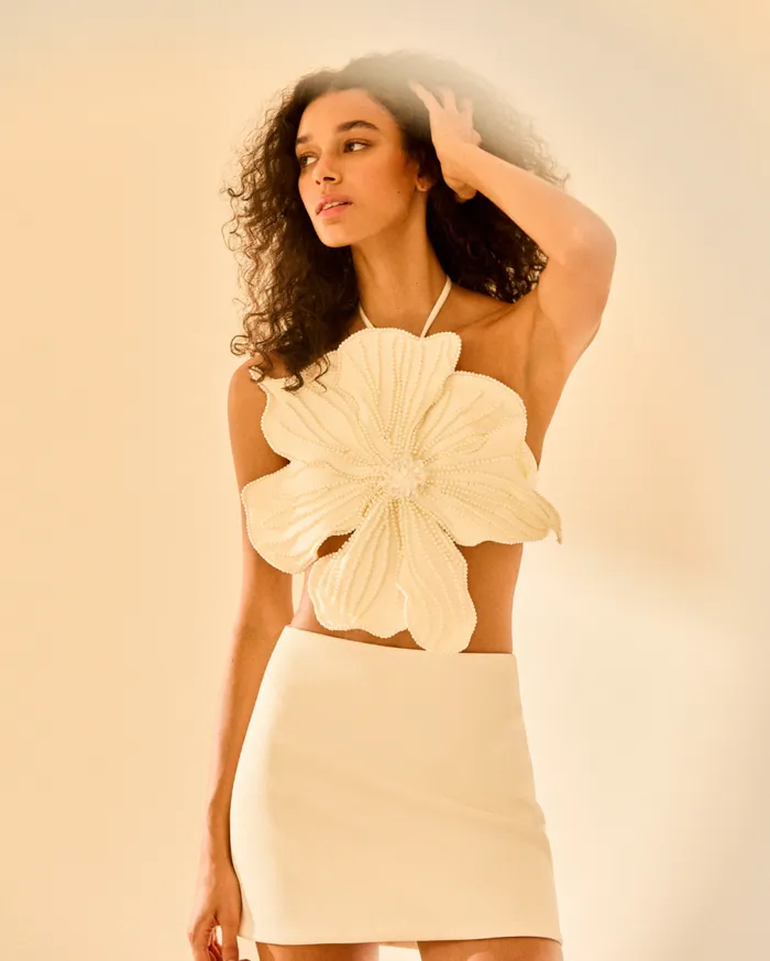 Women PatBO Tops and Bodysuits HANDBEADED FLOWER TOP White