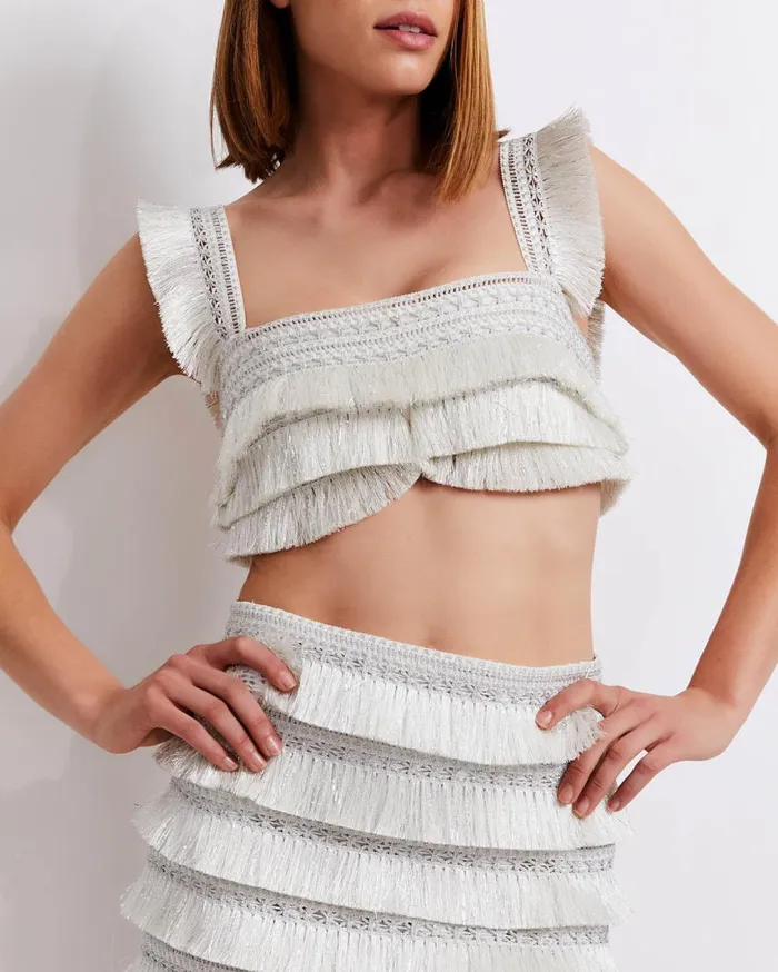 Women PatBO Tops and Bodysuits Metallic Fringe Cropped Top Silver Women PatBO Tops and Bodysuits Metallic Fringe Cropped Top Silver