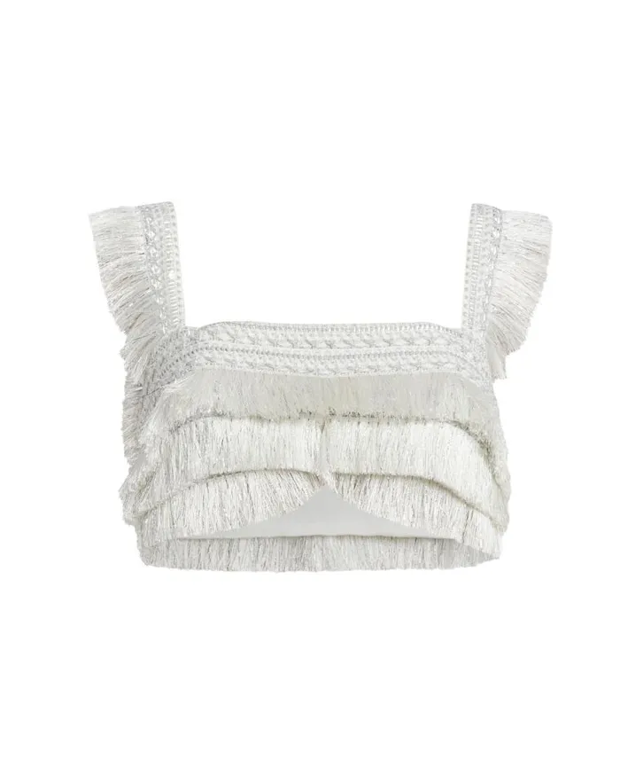 Women PatBO Tops and Bodysuits Metallic Fringe Cropped Top Silver Women PatBO Tops and Bodysuits Metallic Fringe Cropped Top Silver