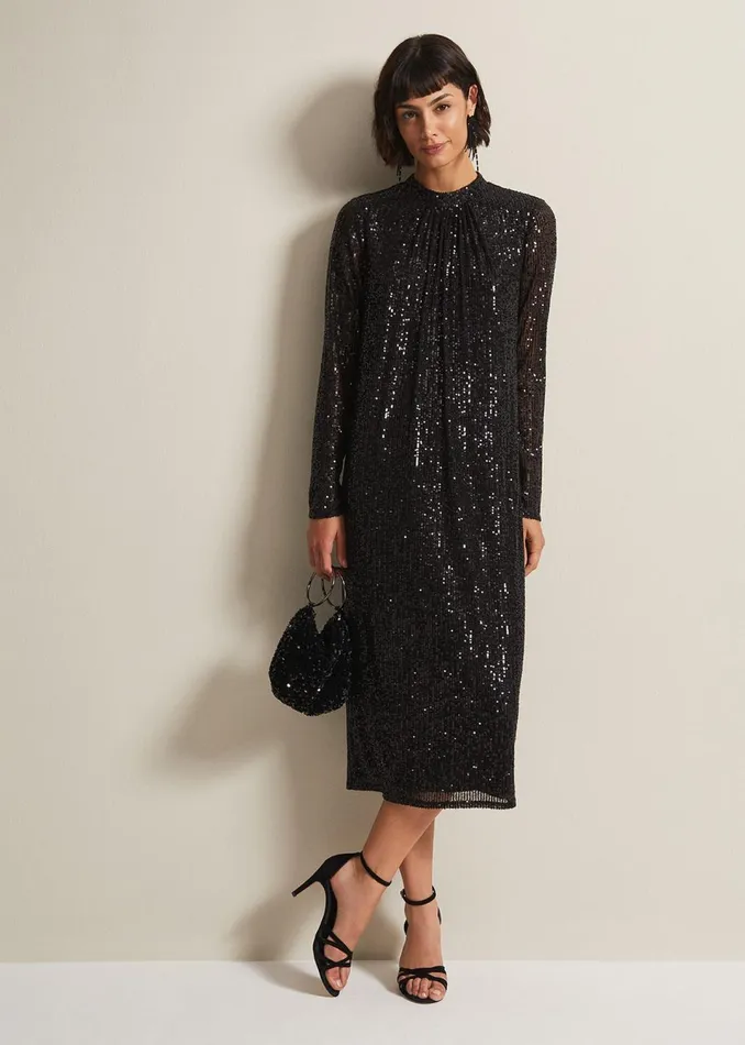 Women Phase Eight Dresses Cindy Black Sequin Midi Dress
