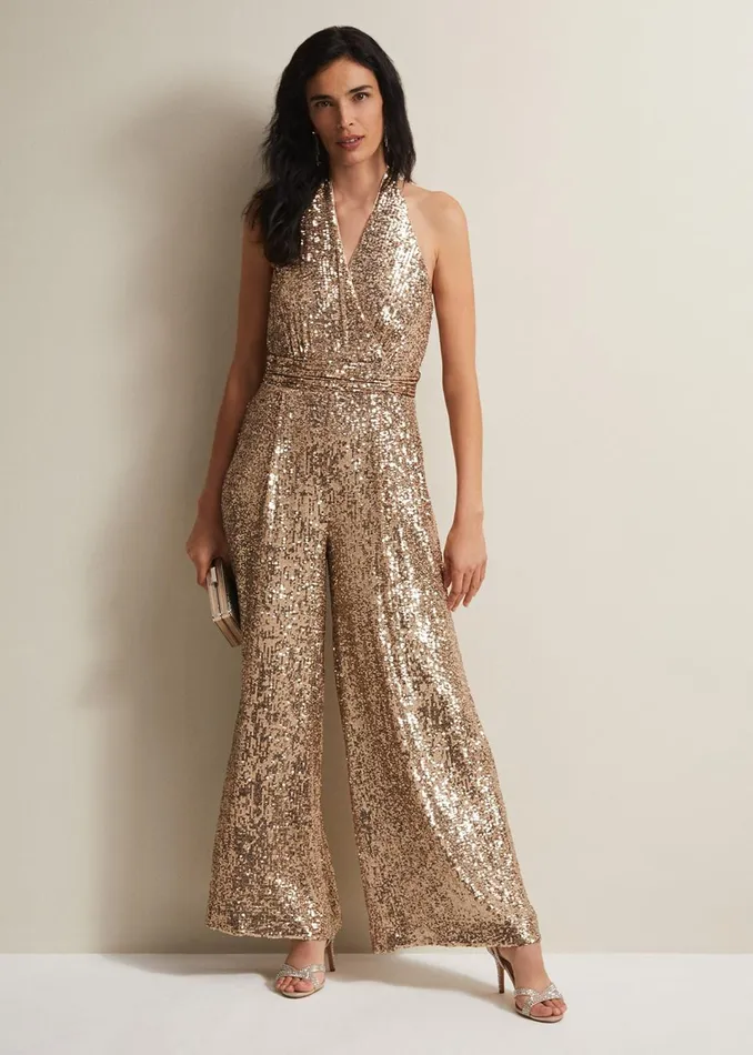 Women Phase Eight Dresses Clarabella Gold Sequin Halterneck Jumpsuit