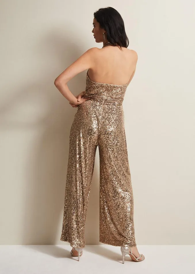 Women Phase Eight Dresses Clarabella Gold Sequin Halterneck Jumpsuit