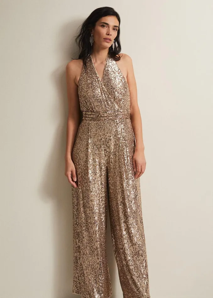 Women Phase Eight Dresses Clarabella Gold Sequin Halterneck Jumpsuit
