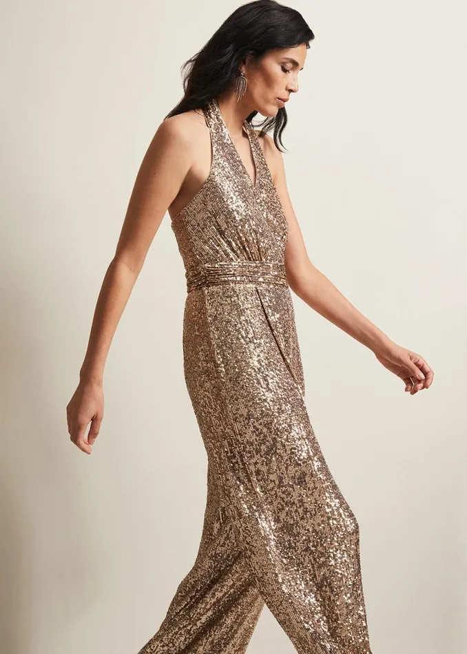 Women Phase Eight Dresses Clarabella Gold Sequin Halterneck Jumpsuit