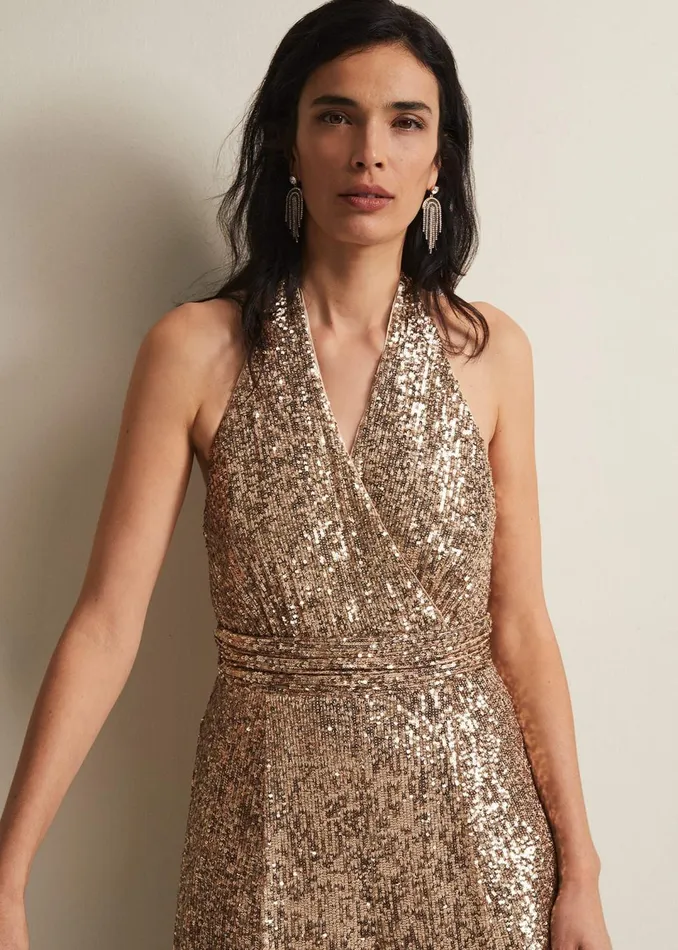 Women Phase Eight Dresses Clarabella Gold Sequin Halterneck Jumpsuit
