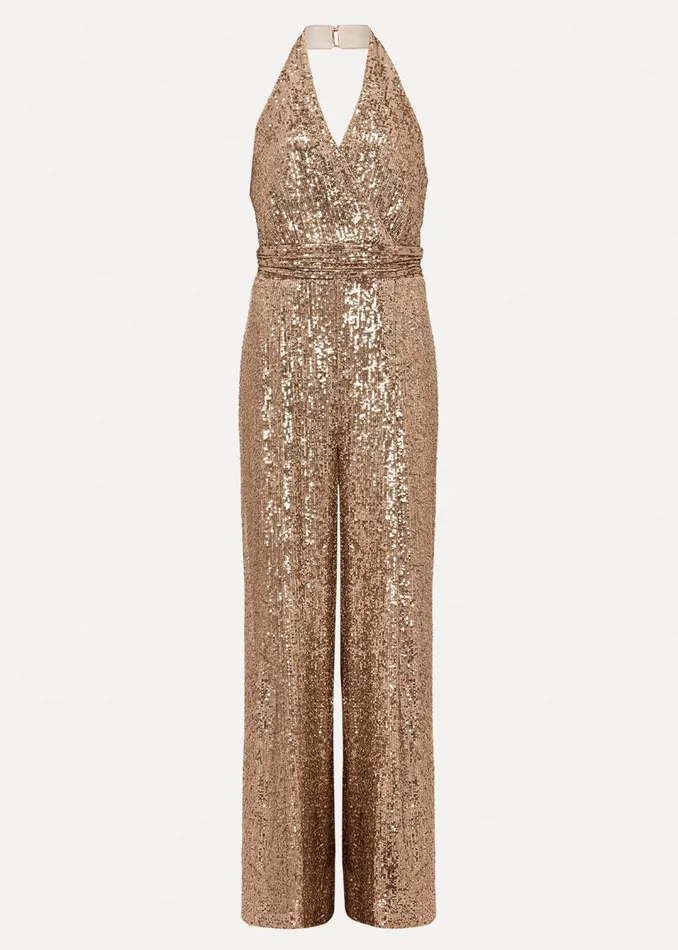 Women Phase Eight Dresses Clarabella Gold Sequin Halterneck Jumpsuit