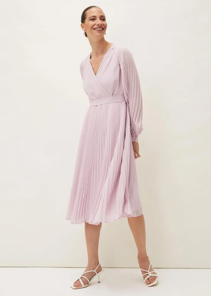 Women Phase Eight Dresses Elsa Pleated Long Sleeved VNeck Midi Dress