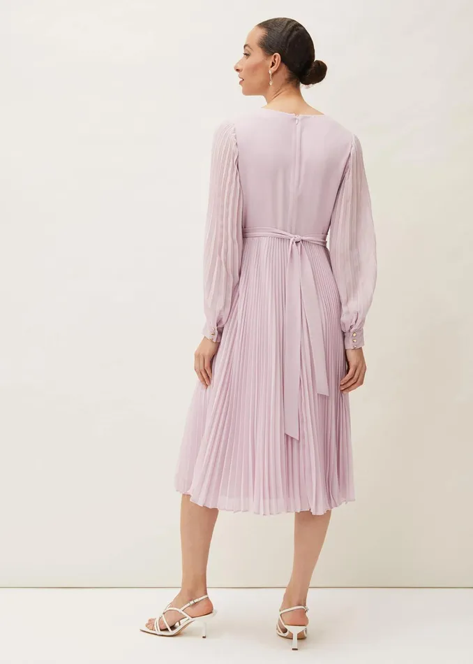 Women Phase Eight Dresses Elsa Pleated Long Sleeved VNeck Midi Dress
