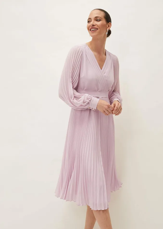 Women Phase Eight Dresses Elsa Pleated Long Sleeved VNeck Midi Dress