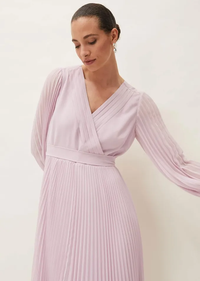 Women Phase Eight Dresses Elsa Pleated Long Sleeved VNeck Midi Dress