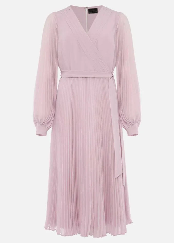 Women Phase Eight Dresses Elsa Pleated Long Sleeved VNeck Midi Dress