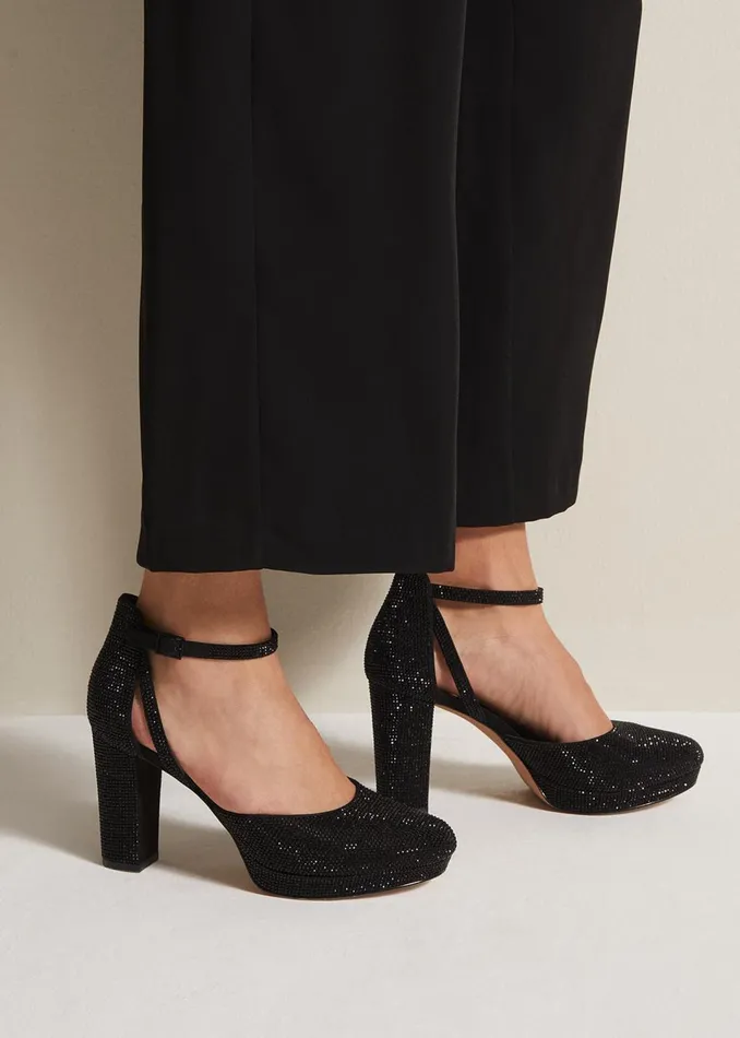 Women Phase Eight Occasion Shoes Black Sparkly Platform Heels