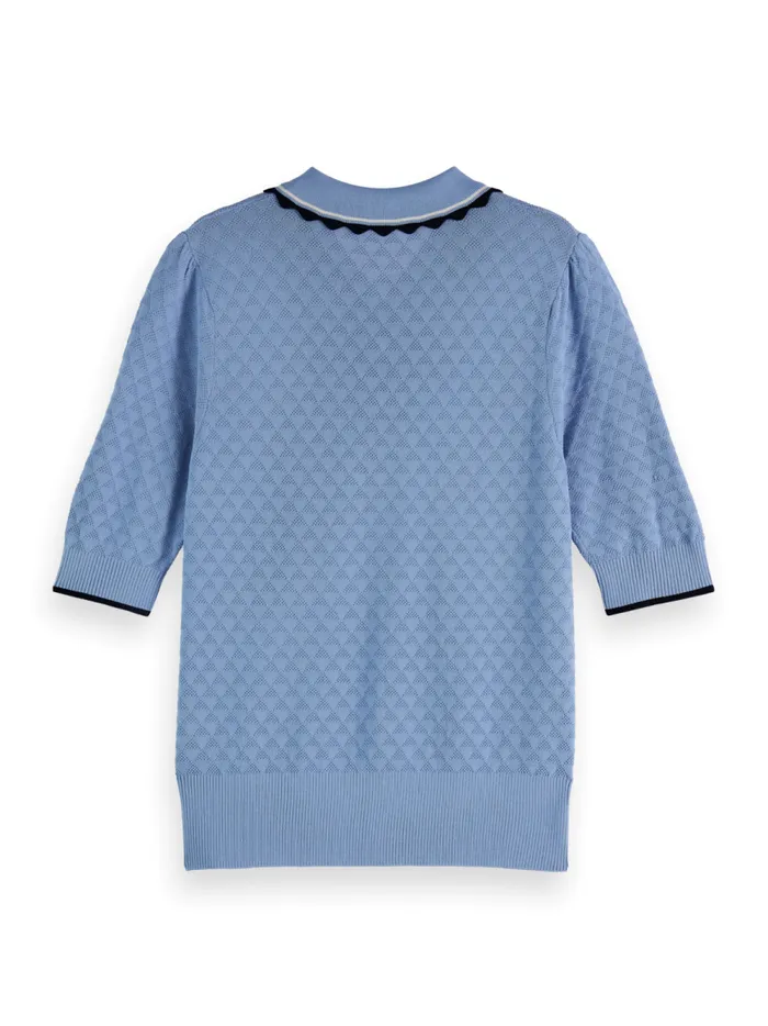 Women Pointelle Collared Knitted Tee Mystic Blue Scotch and Soda Knitwear