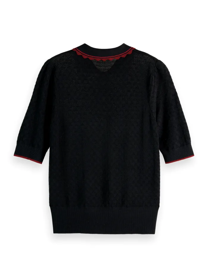 Women Pointelle Collared Knitted Tee Mystic Blue Scotch and Soda Knitwear