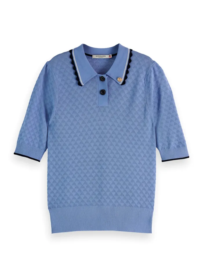 Women Pointelle Collared Knitted Tee Mystic Blue Scotch and Soda Knitwear