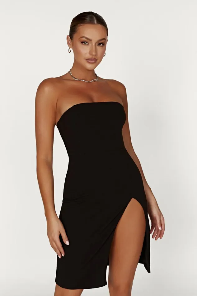 Women Rachel Crepe Bandeau Thigh Split Mini Dress 8211 Black Black Meshki Mini Dresses