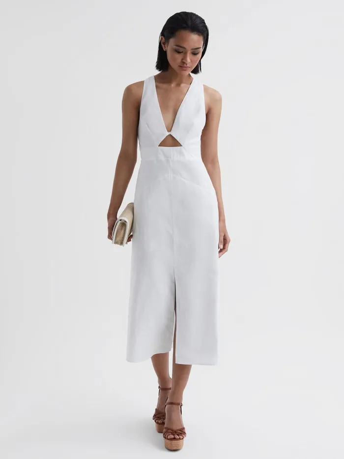 Women Rhoda CottonLinen Midi Dress Ivory Reiss Dresses