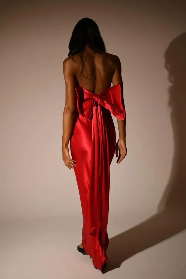 Women Rochelle Bow Back Satin Maxi Dress 8211 Red Red Meshki Maxi Dresses