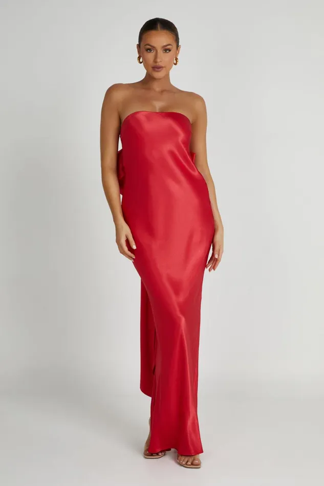 Women Rochelle Bow Back Satin Maxi Dress 8211 Red Red Meshki Maxi Dresses