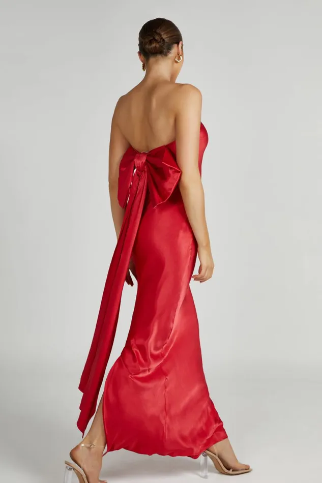 Women Rochelle Bow Back Satin Maxi Dress 8211 Red Red Meshki Maxi Dresses