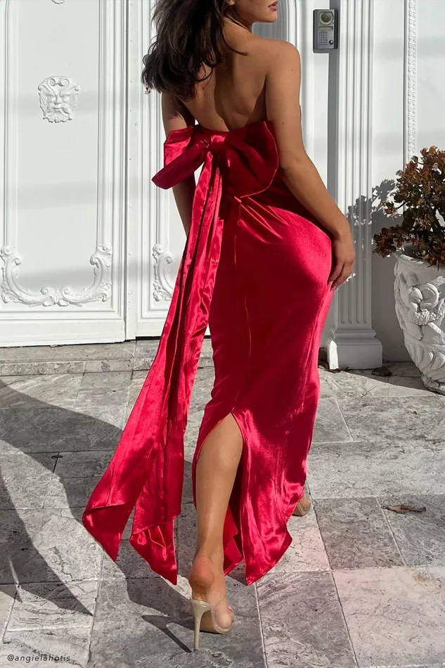 Women Rochelle Bow Back Satin Maxi Dress 8211 Red Red Meshki Maxi Dresses