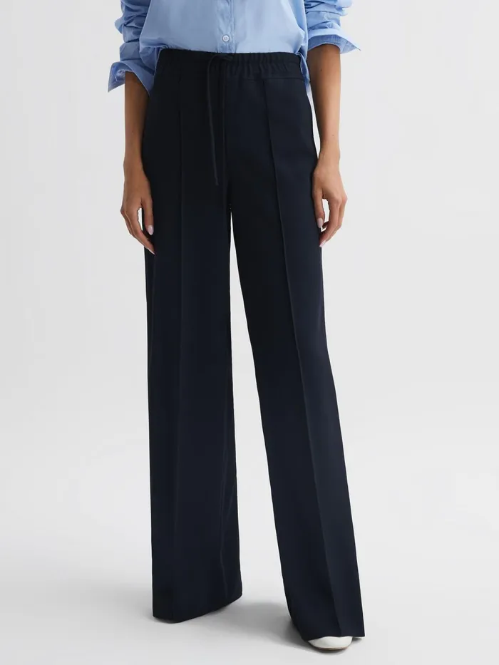 Women Rosalyn Wide Leg Drawstring Trousers Navy Reiss Trousers