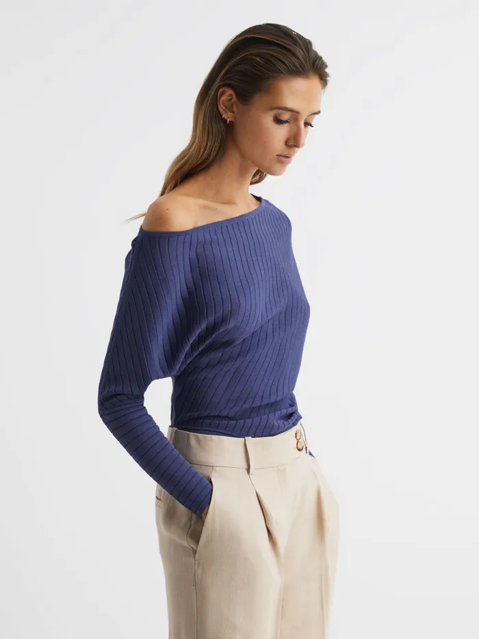 Women Sage OffTheShoulder Sheer Detail Jumper Navy Reiss Knitwear