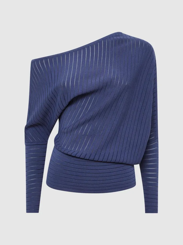 Women Sage OffTheShoulder Sheer Detail Jumper Navy Reiss Knitwear