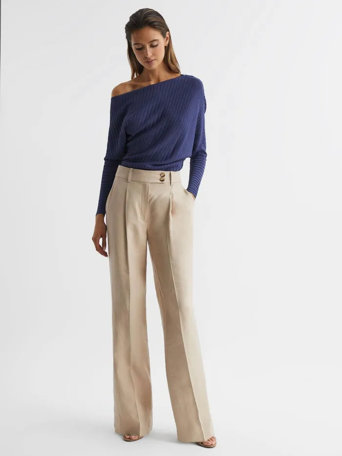 Women Sage OffTheShoulder Sheer Detail Jumper Navy Reiss Knitwear