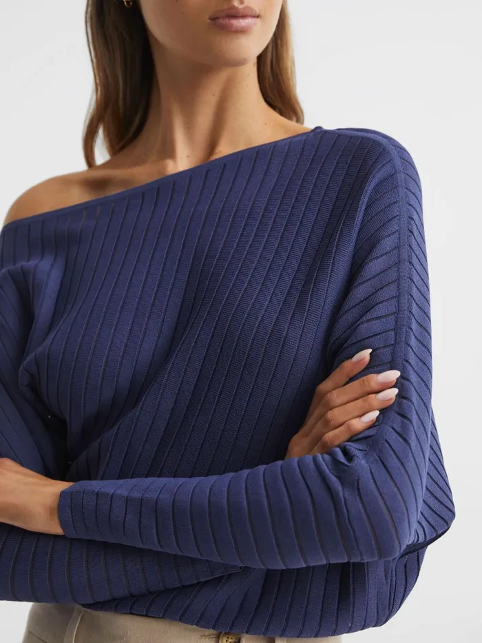 Women Sage OffTheShoulder Sheer Detail Jumper Navy Reiss Knitwear