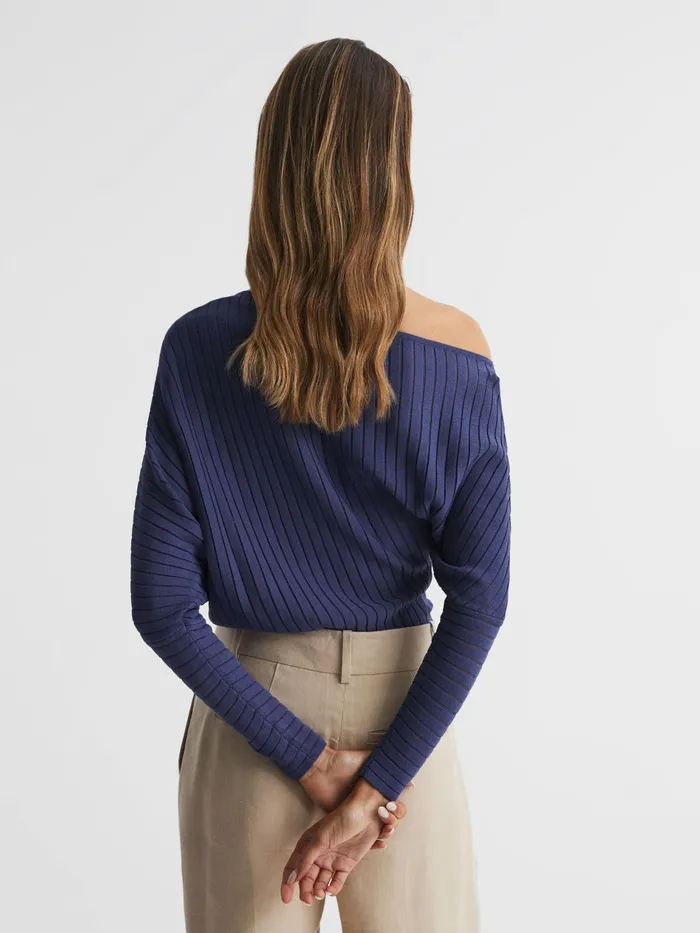 Women Sage OffTheShoulder Sheer Detail Jumper Navy Reiss Knitwear