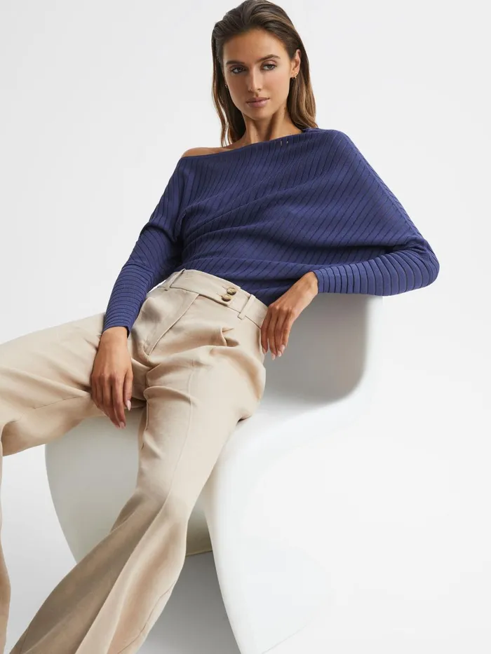 Women Sage OffTheShoulder Sheer Detail Jumper Navy Reiss Knitwear