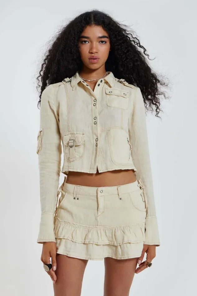 Women Santal Linen Cargo Mini Skirt Ecru Jaded London Skirts