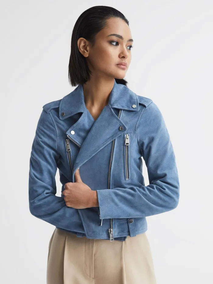 Women Santiago Suede Suede Biker Jacket Blue Reiss Coats and Jackets