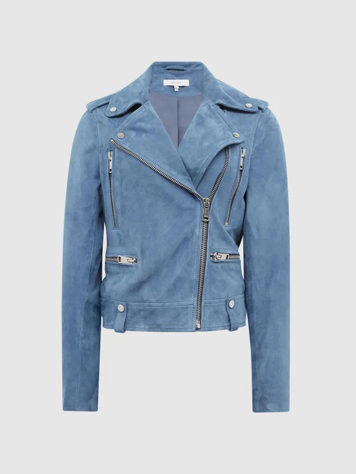 Women Santiago Suede Suede Biker Jacket Blue Reiss Coats and Jackets